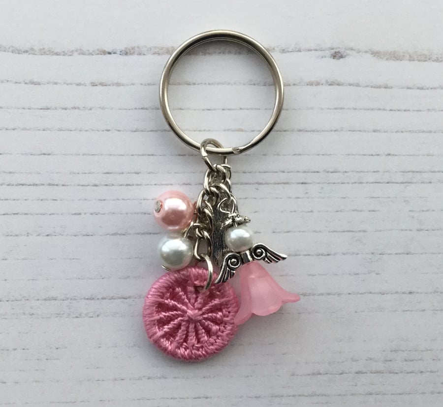 Beaded Angel and Dorset Button Bag Charm in Pink and White