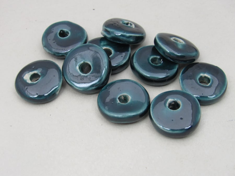 10 Medium Petrol Blue Glazed Ceramic Washer Beads