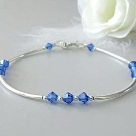 Sapphire Blue Premium Crystals & Sterling Silver Curves Designer Bracelet