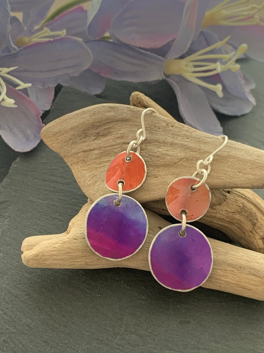 Printed Aluminium and sterling silver earrings - soft orange and purple 