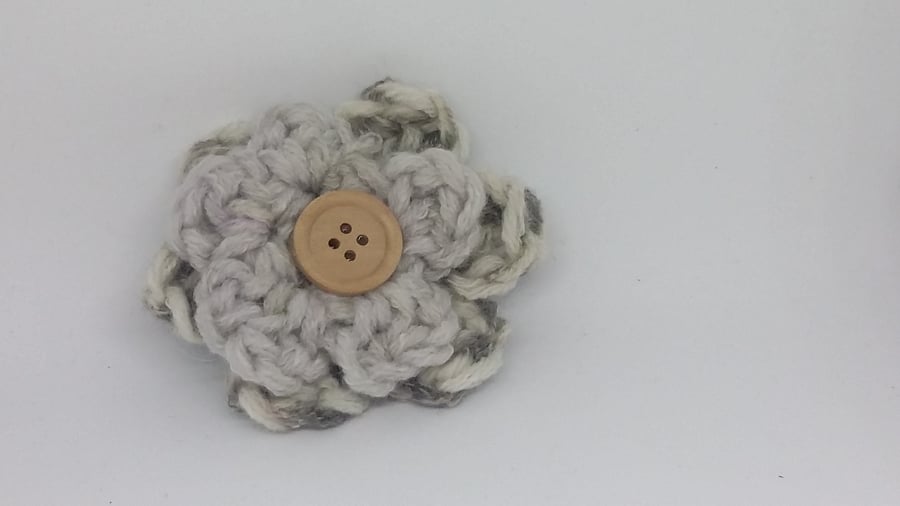 Crochet flower brooch in greys