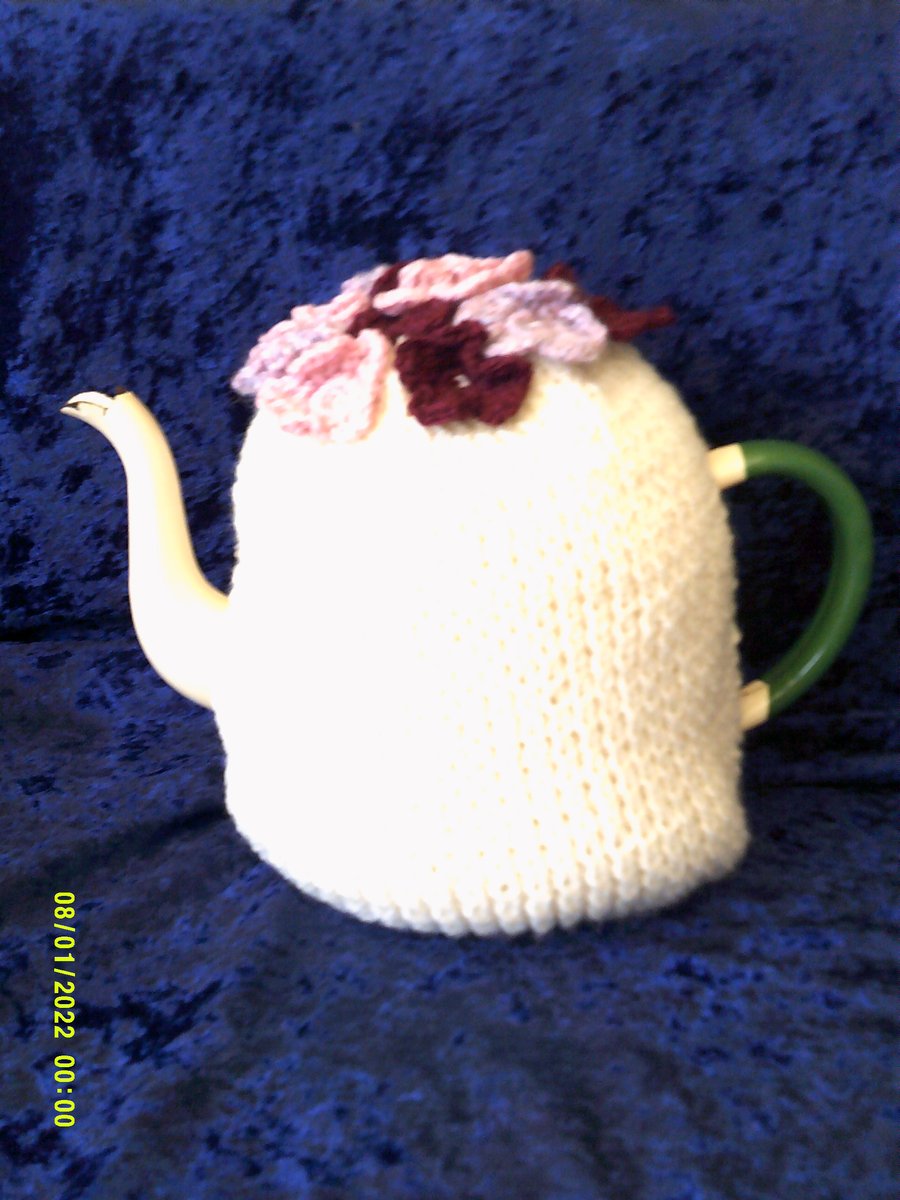 Extra Large Knitted Tea Cosy with Flowers