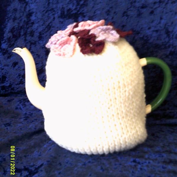 Extra Large Knitted Tea Cosy with Flowers