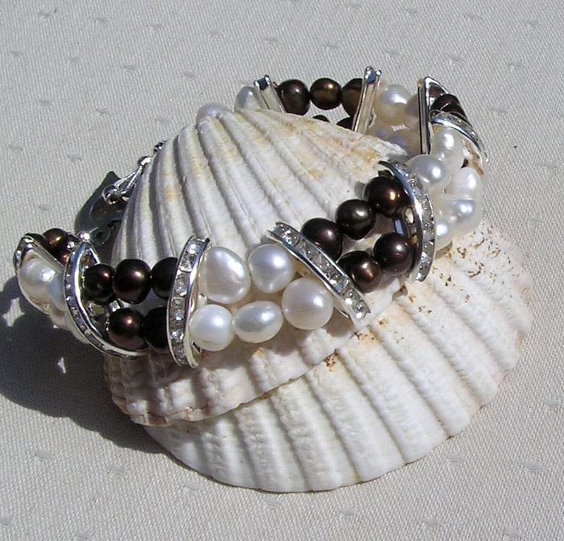 Chocolate Brown & White Freshwater Pearl Crystal Glamour Bracelet "Mocha Crush"