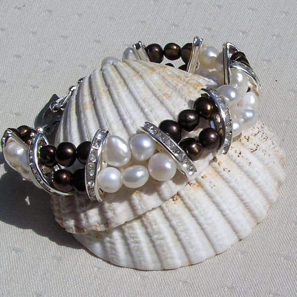 Chocolate Brown & White Freshwater Pearl Crystal Glamour Bracelet "Mocha Crush"