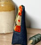 Dark denim and chenille pouch with orange and lime pattern - Image 2