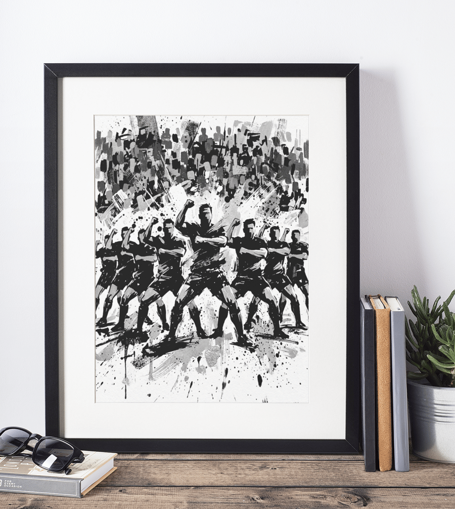 Haka Inspired Coloursplash Print – A3 Framed (Black-White-Oak Effect Frame)