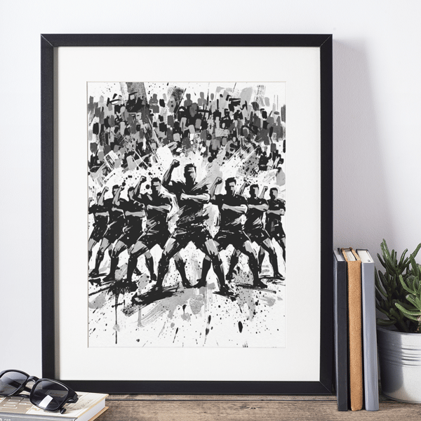 Haka Inspired Coloursplash Print – A2 Framed (Black-White-Oak Effect Frame)