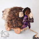 Pure wool sheep on wheels, art doll Clive, pull along farm animal