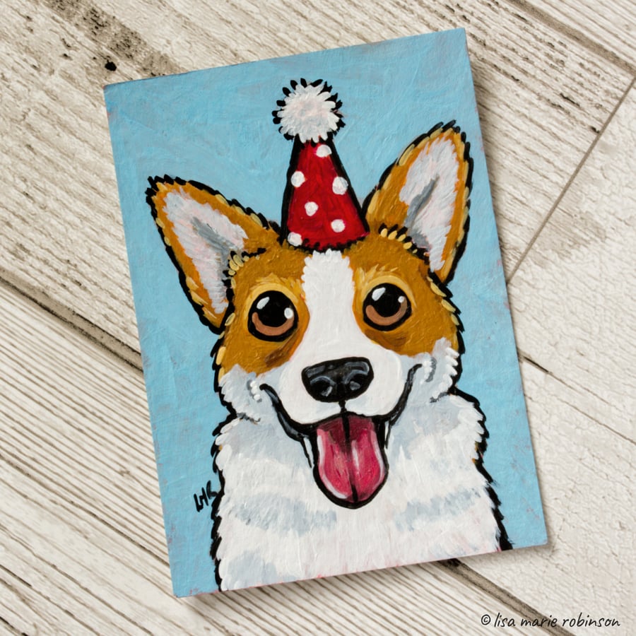 Original ACEO Painting Party Corgi Happy Dog Art