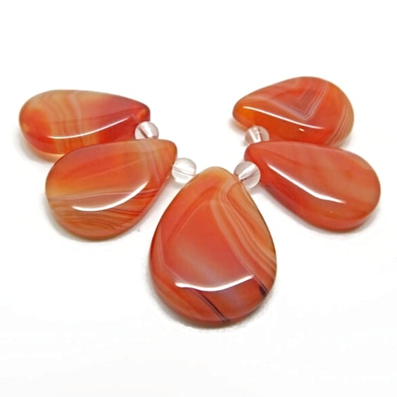 Agate Teardrop Pendant Set, 5pcs Orange Dyed Banded Agate, 1 Large 4 Small