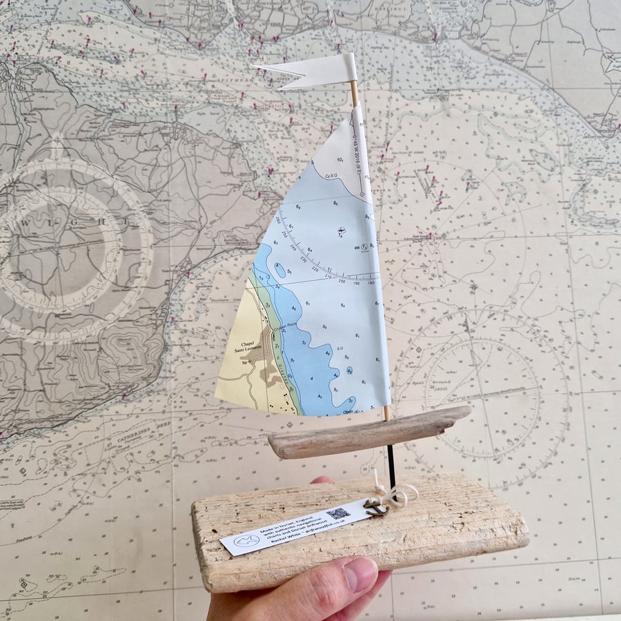 Lincolnshire driftwood sailboat ornament, authentic nautical map sail