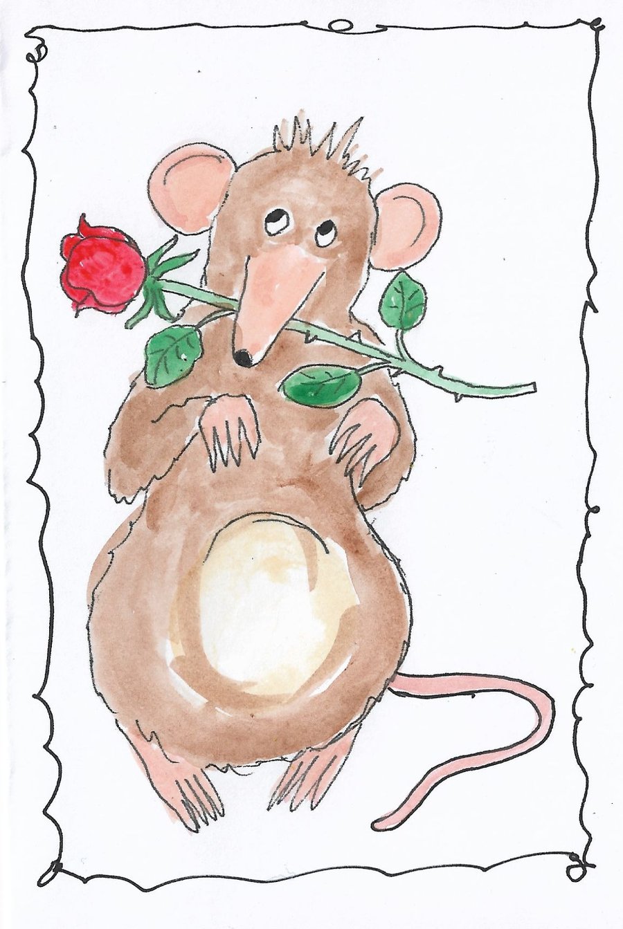 Blank Card. Cute Mouse and Rose Valentine Card. Print of my Original Painting