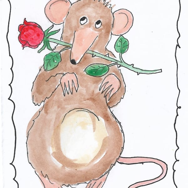 Blank Card. Cute Mouse and Rose Valentine Card. Print of my Original Painting