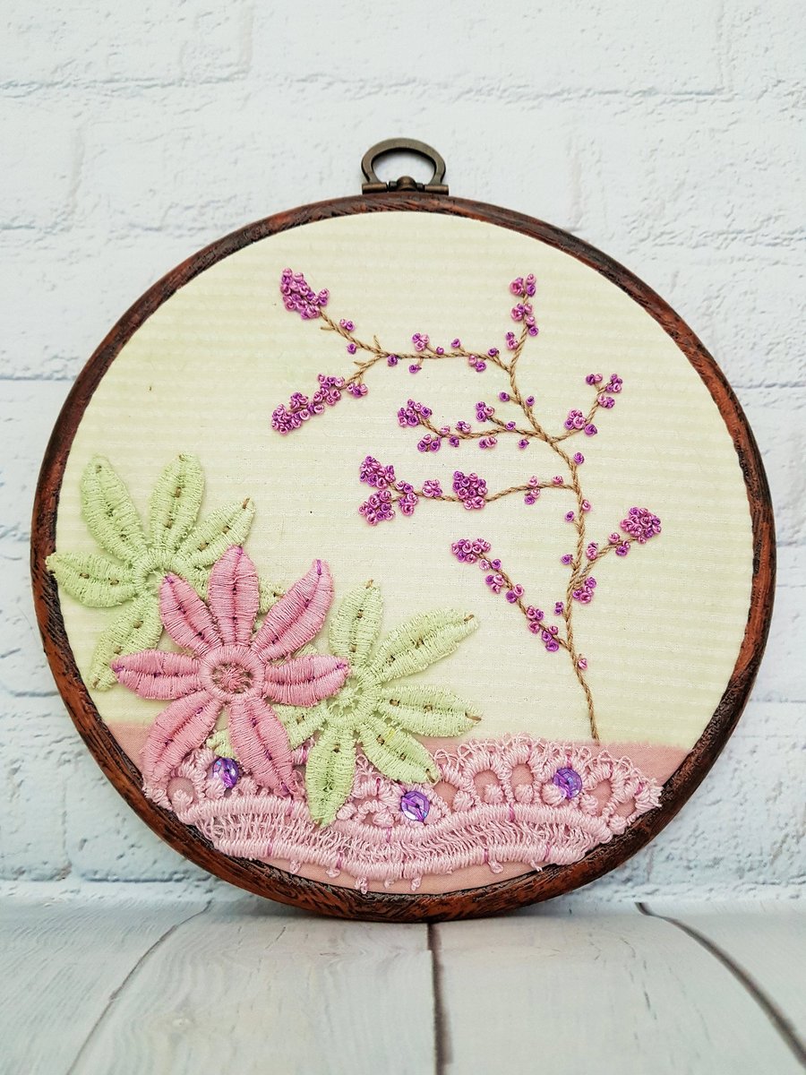 Vintage Mint Green and Lavender Hand Embroidery Hoop Art