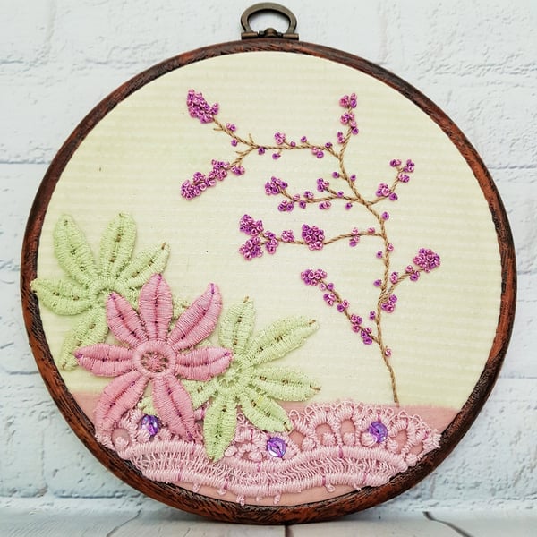 Vintage Mint Green and Lavender Hand Embroidery Hoop Art