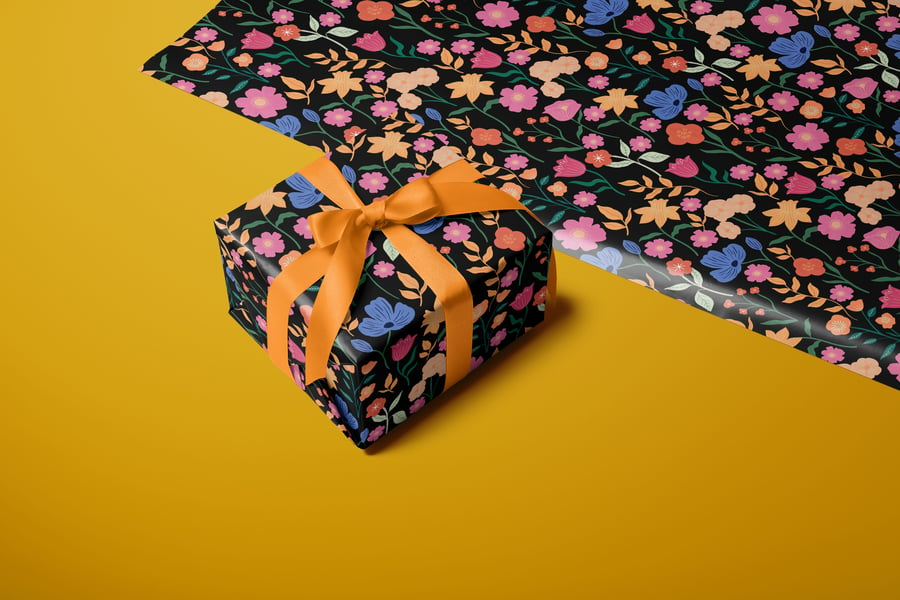 Colourful Florals on Black Wrapping Paper FSC 50x70cm 3 Sheets or Roll