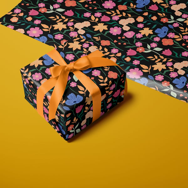 Colourful Florals on Black Wrapping Paper FSC 50x70cm 3 Sheets or Roll