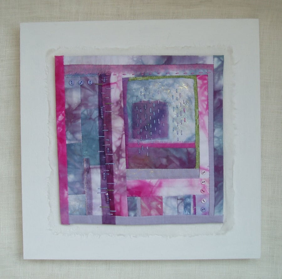 SMALL CONTEMPORARY textile picture.  Pink and mauve lavender art