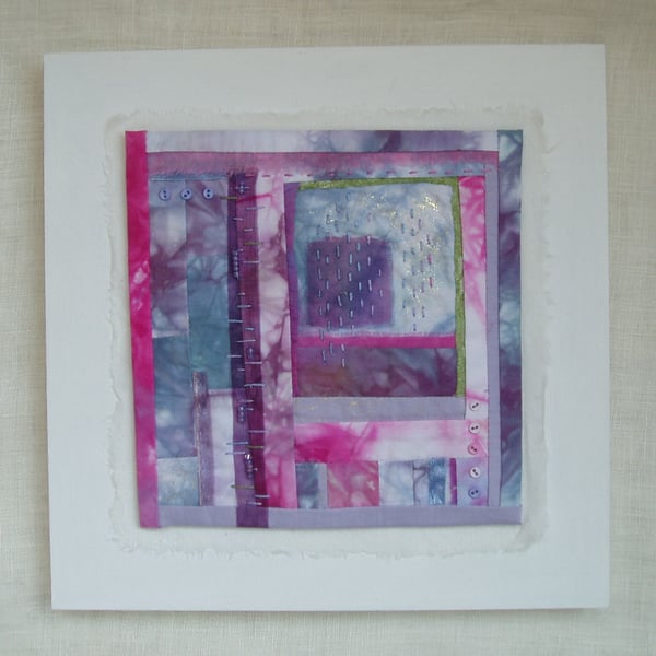 SMALL CONTEMPORARY textile picture.  Pink and mauve lavender art