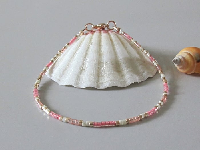 Pink White & Light Gold Stacker Seed Bead Anklet - Minimalist Anklet - 9" - 14"
