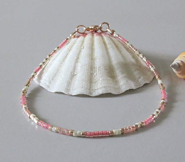Pink White & Light Gold Stacker Seed Bead Anklet - Minimalist Anklet - 9" - 14"