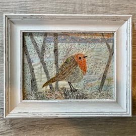 Framed Embroidered Robin Textile Art Picture 