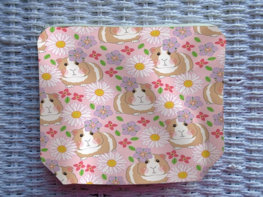 Pink Guinea Pig Flowers Make Up Bag or Large Pencil Case.