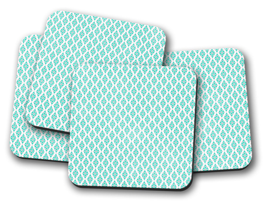 Set of 4 Geometric Blue with White and Red Triangles Coasters, Drinks Mat