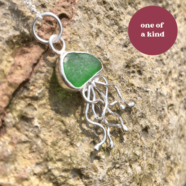 Jellybean Green Sea Glass and Sterling Silver Jelly Fish Pendant Necklace