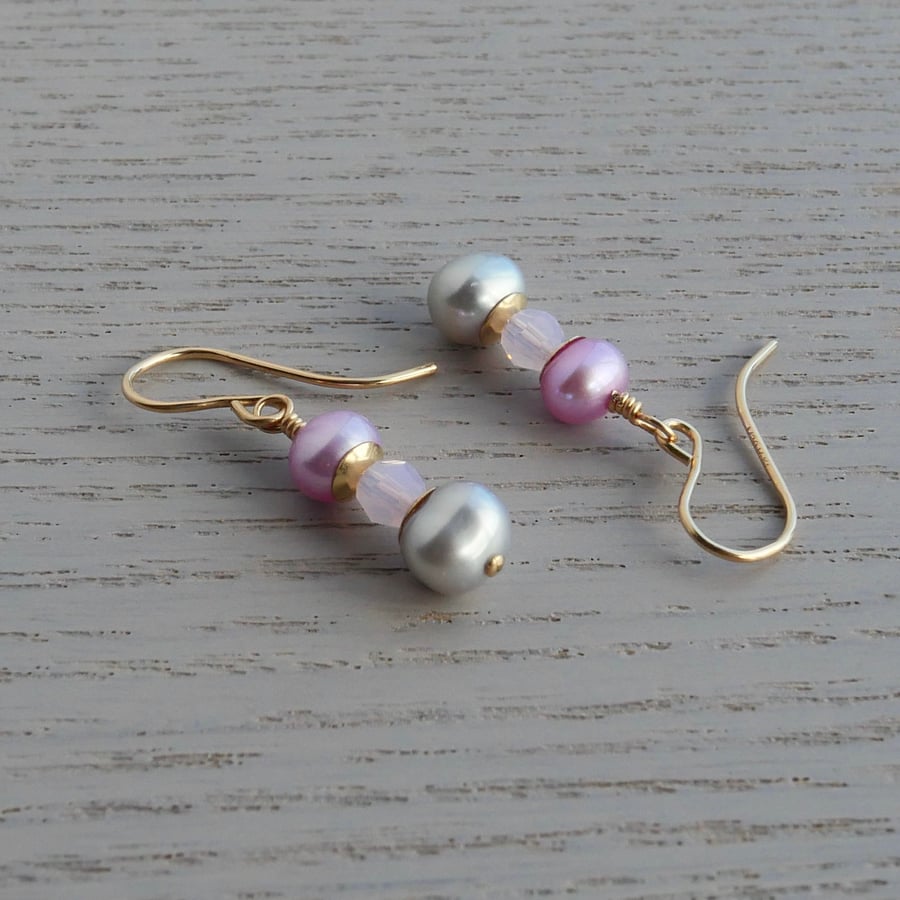 Pink and Grey Pearl Earrings with Lilac Swarovski Beads - 14k Gold Filled Hooks