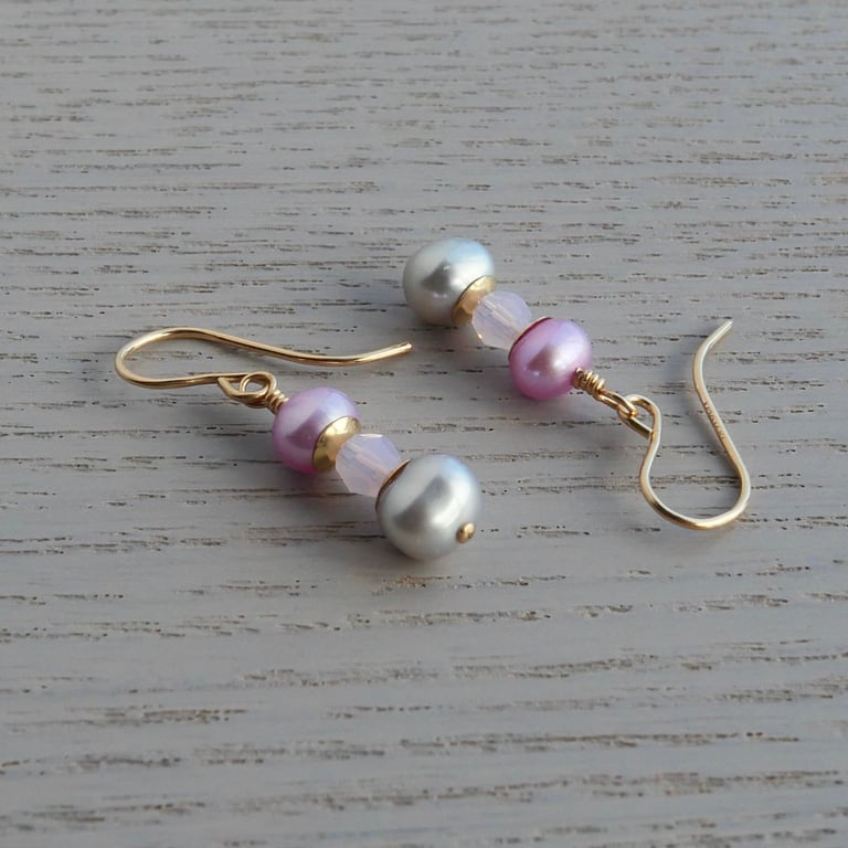 Pink and Grey Pearl Earrings with Lilac Swarovski Beads - 14k Gold Filled Hooks