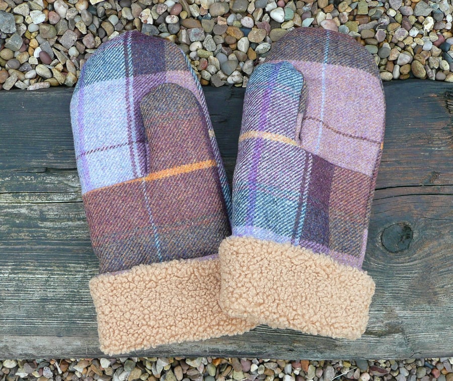 Purple check tweed mittens ladies mittens gold teddy fleece gloves winter gloves