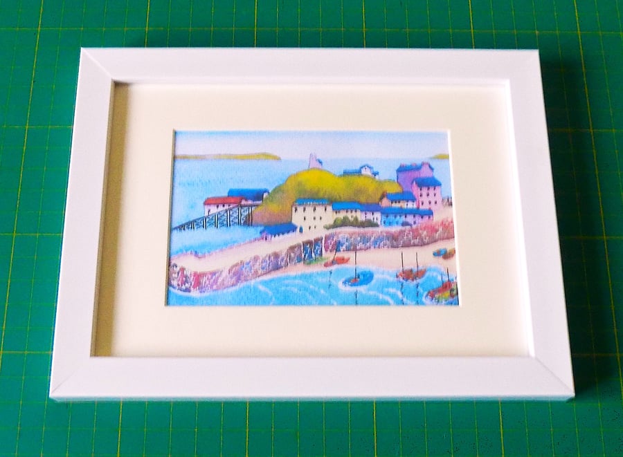 Tenby Harbour, Pembrokeshire, Wales, Watercolour Print in 7 x 5'' White Frame