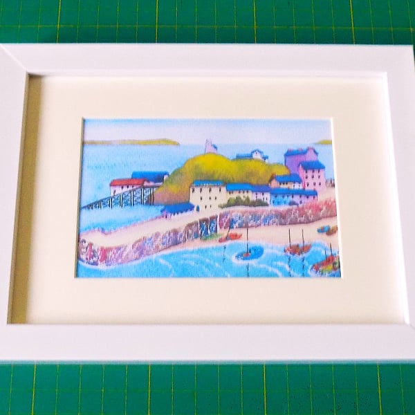 Tenby Harbour, Pembrokeshire, Wales, Watercolour Print in 7 x 5'' White Frame
