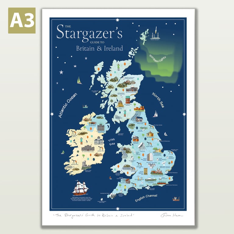 Astronomy map of Britain and Ireland, A3 illustrated poster print