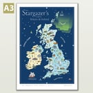 Astronomy map of Britain and Ireland, A3 illustrated poster print