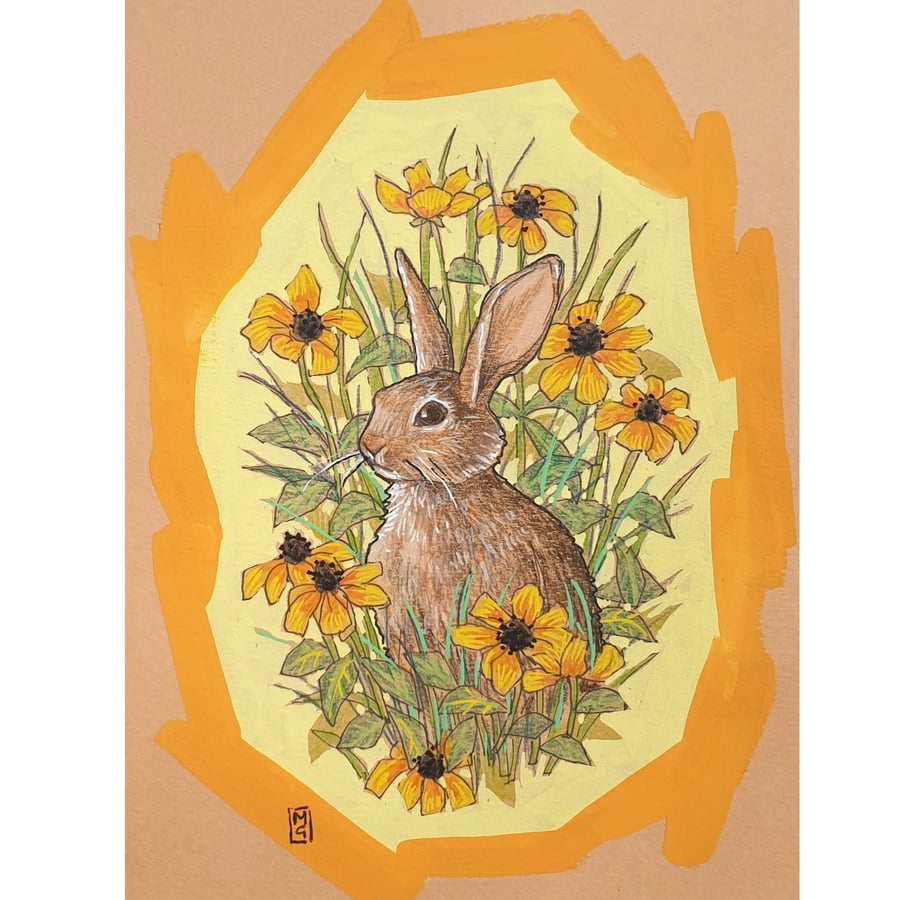 Little bunny portrait with flowers, small original artwork, wall art