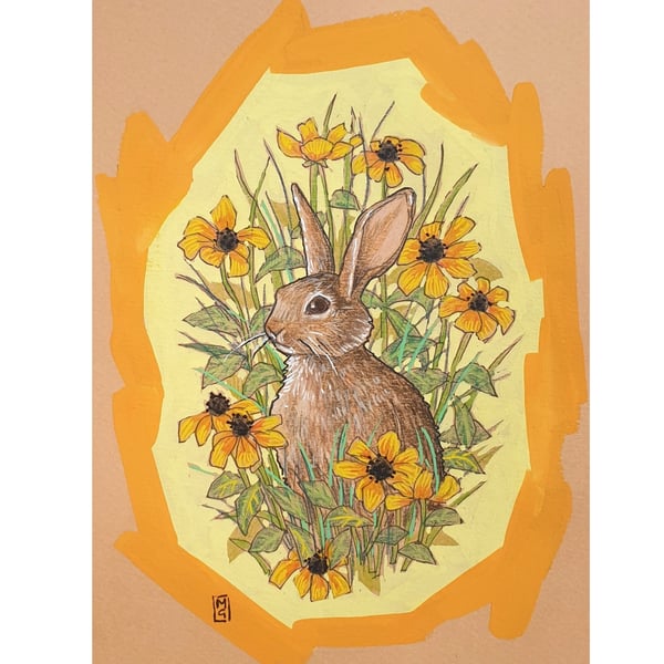 Little bunny portrait with flowers, small original artwork, wall art