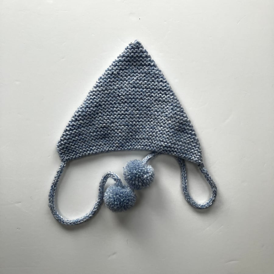 Hand knit blue baby pixie bonnet with pompoms