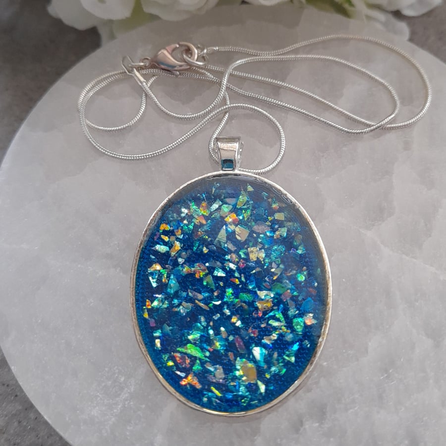  Large Blue Resin Pendant Silver Plate Seconds Sunday