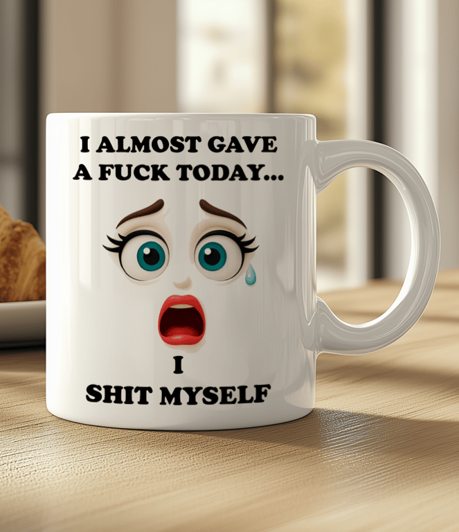 Funny Sweary Mug  “I Almost Gave A Fuck Today I Shit Myself”  Rude Coffee Cup