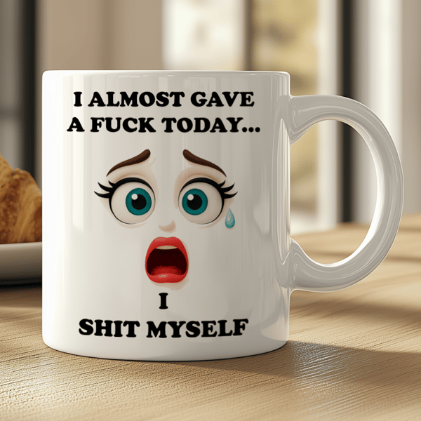 Funny Sweary Mug  “I Almost Gave A Fuck Today I Shit Myself”  Rude Coffee Cup