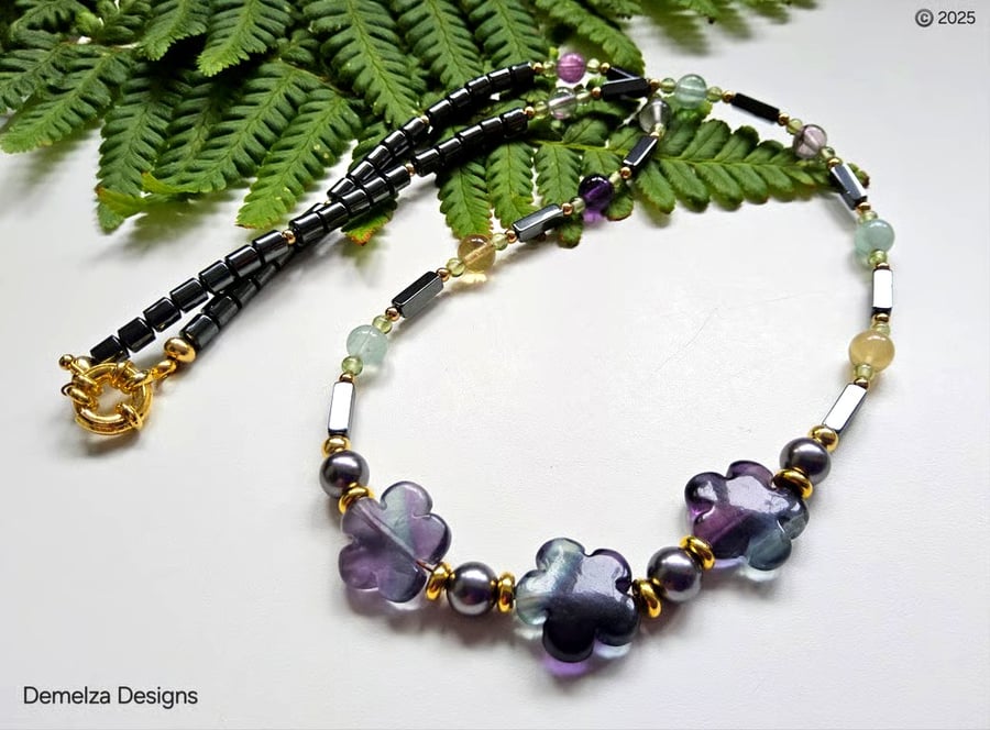 Designer Flourite, Heamotite & Shell Pearls Necklace 