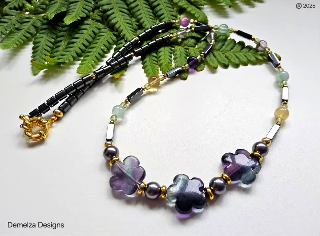 Designer Flourite, Heamotite & Shell Pearls Necklace 