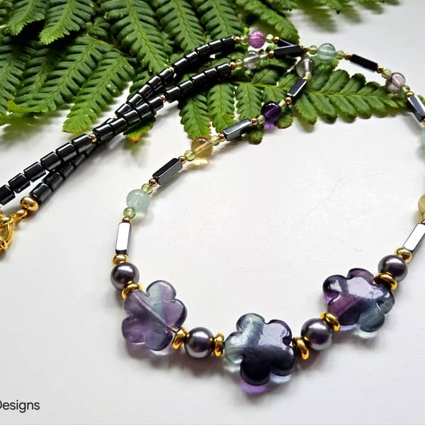 Designer Flourite, Heamotite & Shell Pearls Necklace 