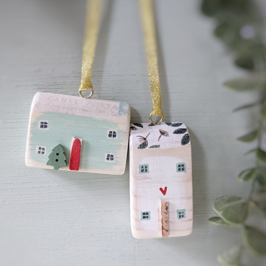 Set of 2 Wooden Christmas House Hanging Decorations