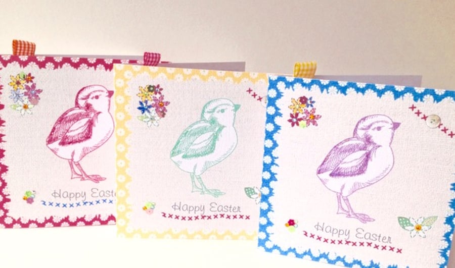 Easter Cards,Pk of 3 Printed Chick Design,HandFinished Card