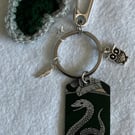 Hogwarts Slytherin house keyring with crochet heart and bag clip