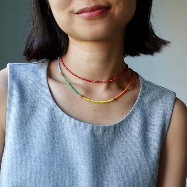 Beaded Necklace Duo Red and Multicolor